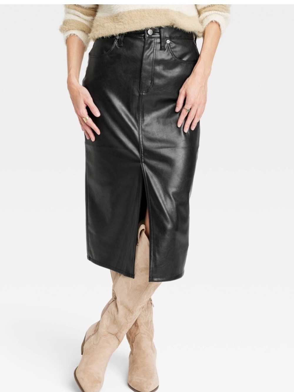 Universal Thread Black Faux Leather Midi Skirt with Front Slit